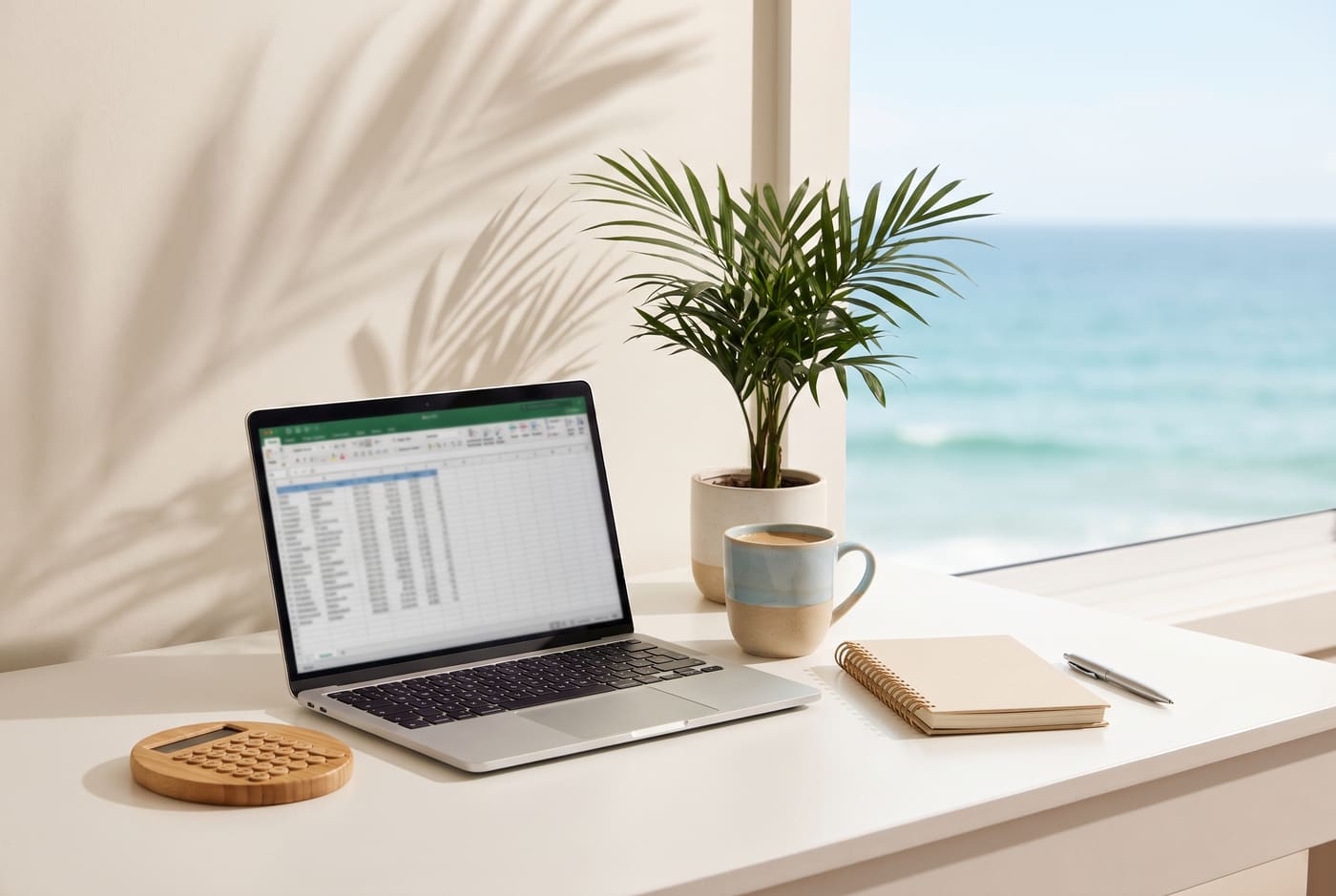 Sunlit desk with a laptop, calculator and notebook in front of a window looking out to the ocean